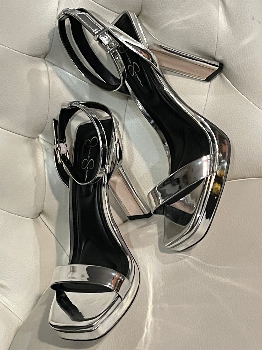 Jessica Simpson Silver Metallic Platform Block Slim Heel Sandals Size 8